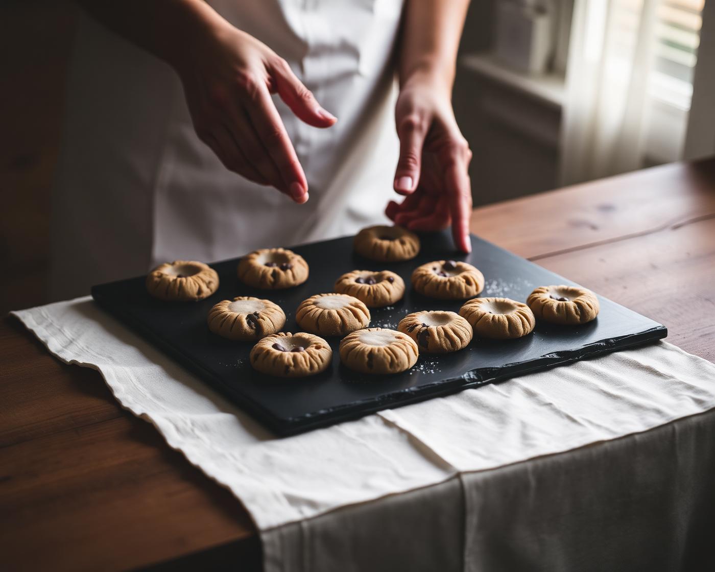 A baker placing freshly baked gluten-free cookies onto a tray
